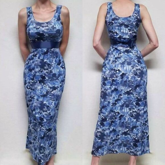 VINTAGE Twisted Paris Blue Floral Sash Maxi Dress - Picture 1 of 16